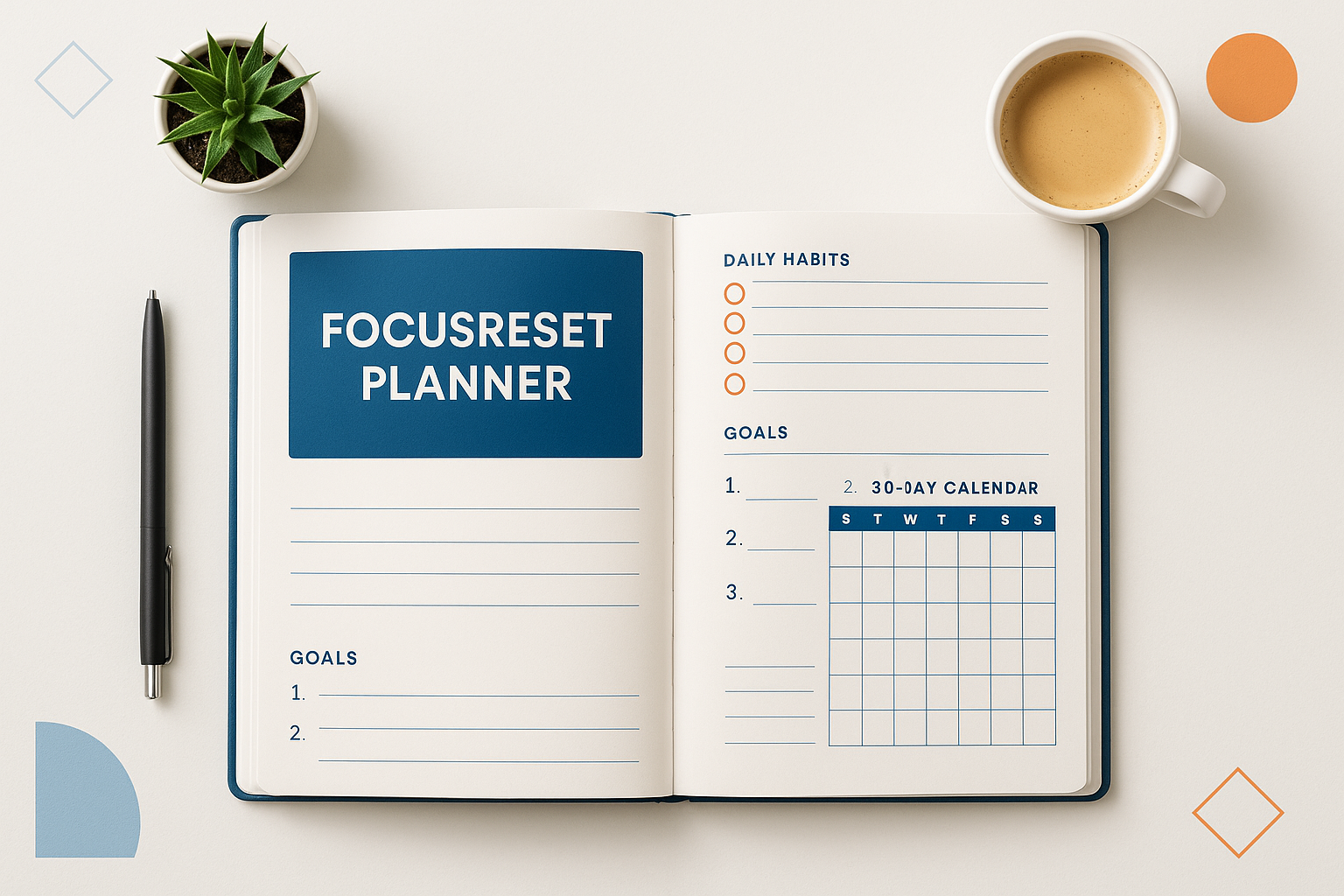Take control of your focus and daily habits with the FocusReset Planner. In just 30 days, you’ll build routines that boost productivity, minimize distractions, and keep you on track toward your goals. Start your reset today and unlock your most productive self